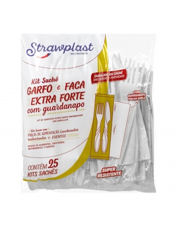 Kit Sachet Garfo, Faca e Guardanapo Branco - STRAWPLAST